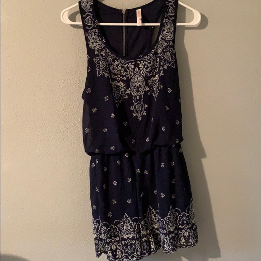 White Flower Detail Navy Blue Romper